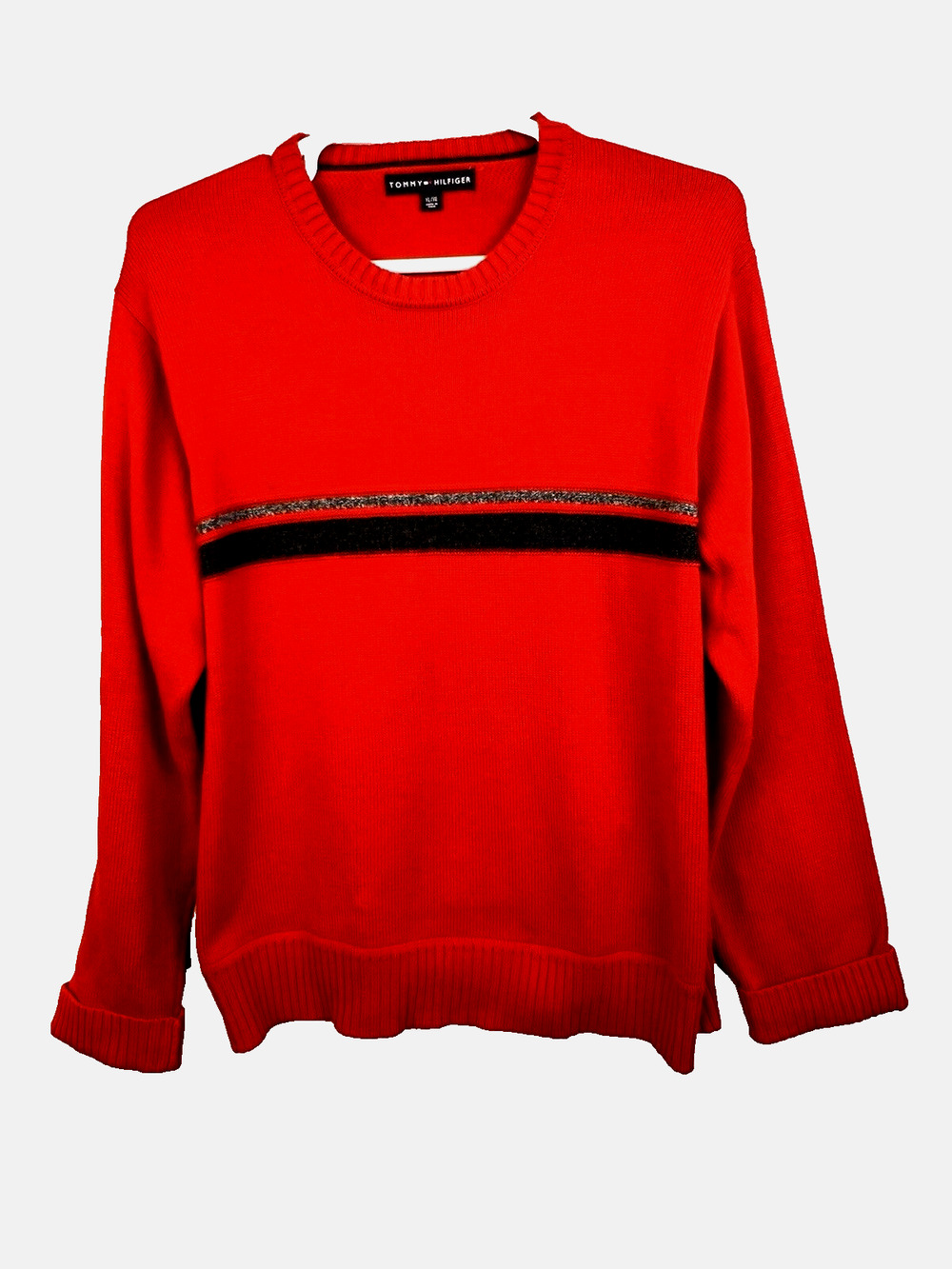 Tommy Hilfiger Sweater Mens XL Red Black Stripe Cotton Crew Neck Casual Preppy